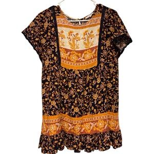 Easel Boho Floral Tunic Dress | Ruffle Hem | Cottagecore | Sm